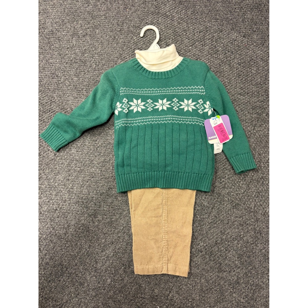 Babies R Us 3 Piece Set Green Snowflake Sweater Turtleneck Corduroy Pants
